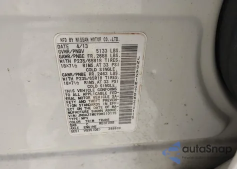 2013 Nissan Murano Sv z USA, uszkodzony, nr VIN JN8AZ1MU7DW210115